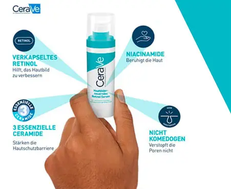 Grafik zu den Inhaltsstoffen und Eigenschaften des CeraVe Hautbilderneuernden Retinol Serums